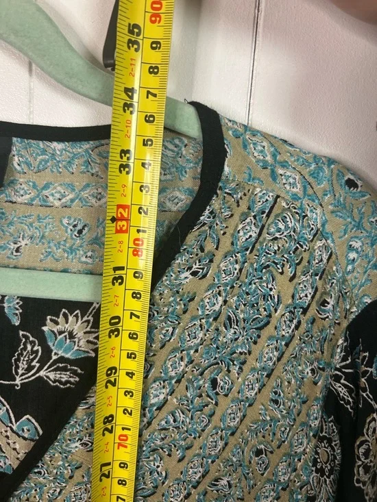 Angie Boho Floral Tunic Top V-Neck Bell Sleeve Black Blue Size Large Bohemian - Picture 9 of 10